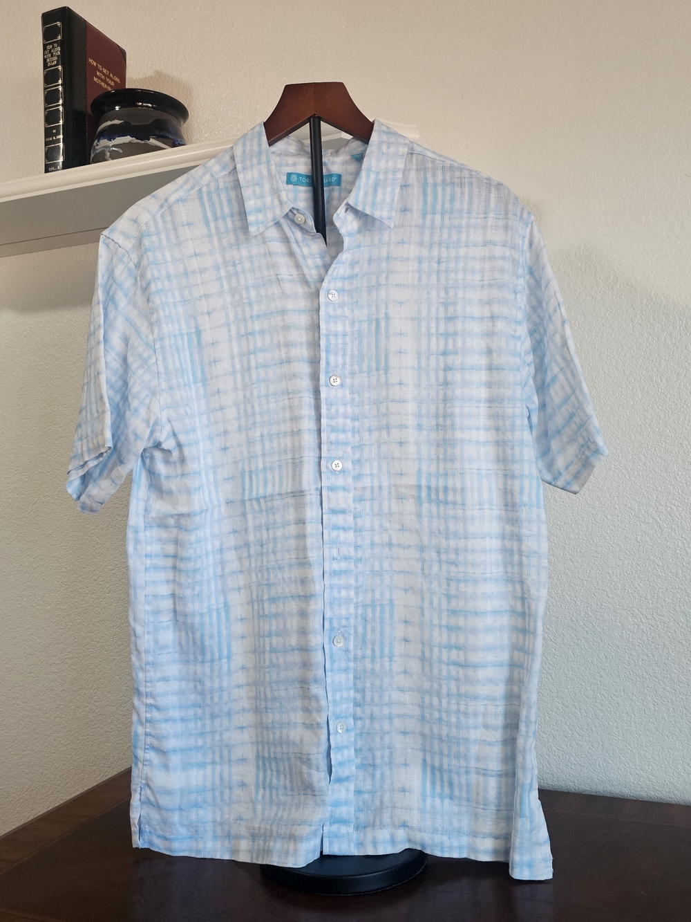 Tori Richard Light Blue Short-Sleeve Button-Down 100% Linen Shirt, Men's Medium